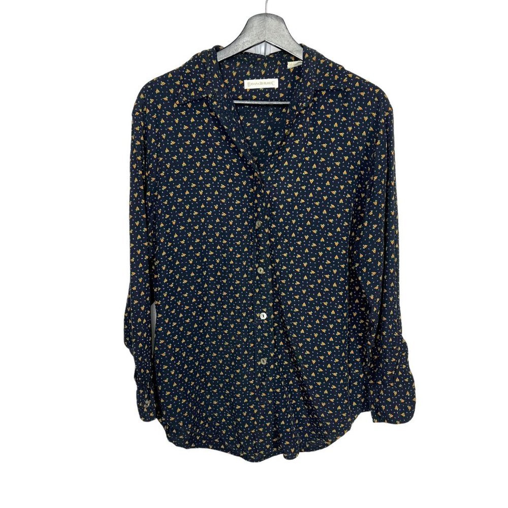 Vintage 90s Banana Republic Dark Blue Micro Floral Long Sleeve Button Up Top Sma